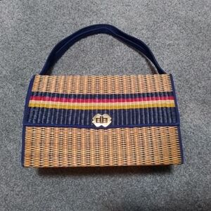 Vintage Straw Box Bag 70s Striped Handbag
